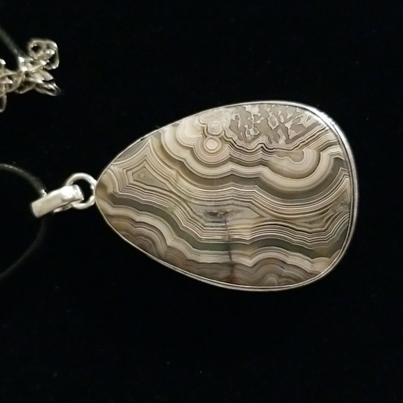 Jewelry - New, Large Crazy Lace Teardrop Statement Pendant  with black cord